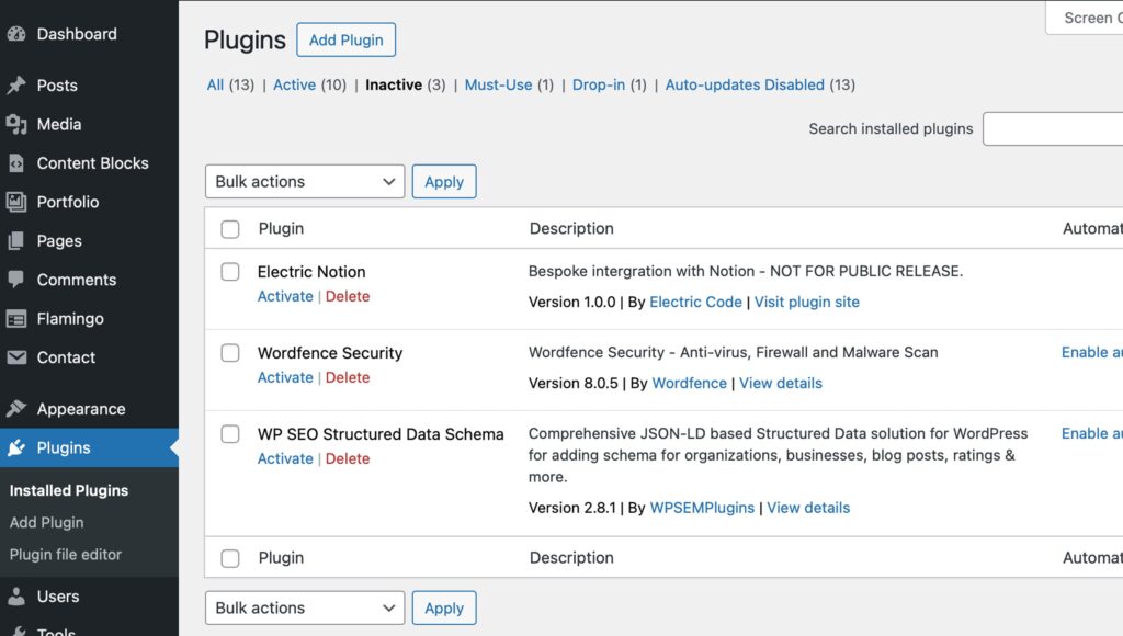 Deactivating or Deleting Plugins